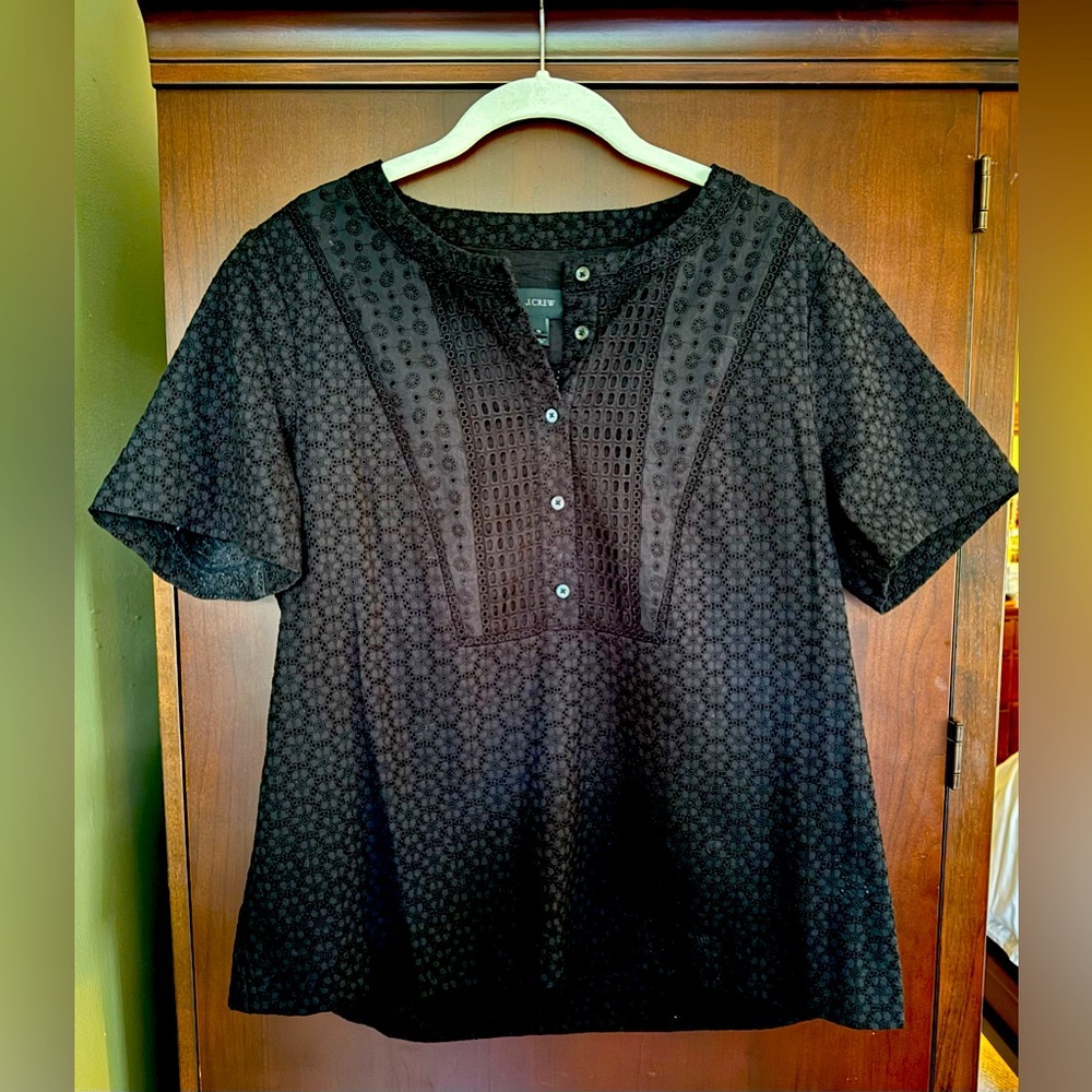 J. Crew Black Eyelet Short Sleeve Blouse